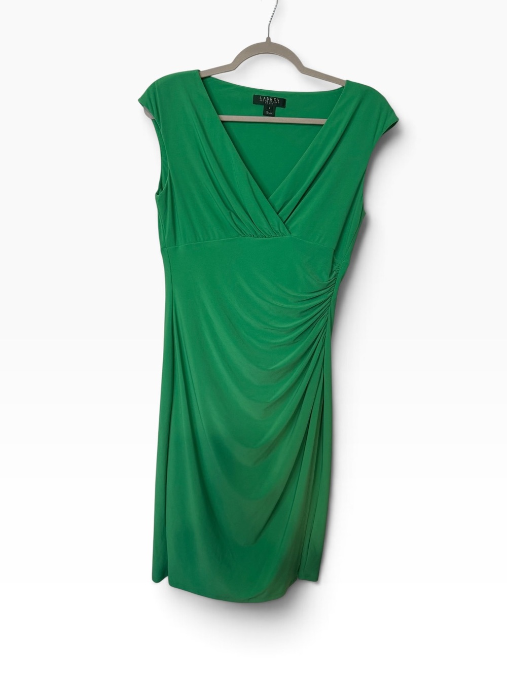 Ralph Lauren Green Ruched V-Neck Midi Dress